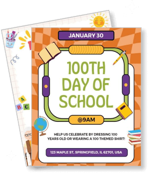 100th day of school celebration invitation with date and time details template