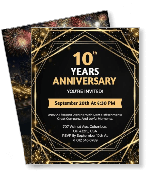 10th anniversary invitation card gold black design fireworks background template