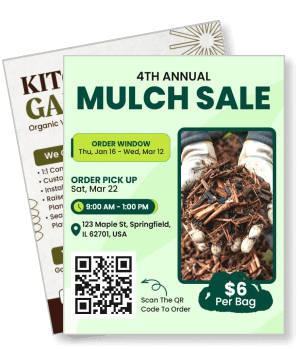 4th annual mulch sale promotion with order details and qr code template