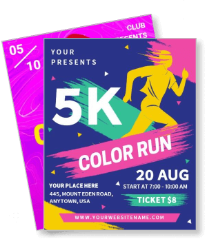 5k color run event template with date location and ticket details