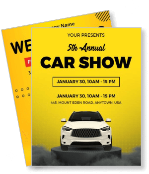 5th annual car show event with white car and yellow background template