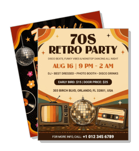 70s retro party flyer vintage disco decor orlando event details template