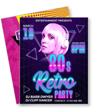 80s retro party flyer with dj names and event details vintage theme design template