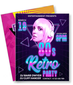 80s retro party with dj names and event details vintage theme design template