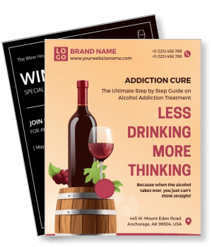 addiction cure alcohol treatment guide promo with wine bottle and barrel template