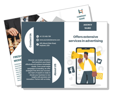 advertising services brochure design with contact details and social media icons template