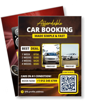 affordable car booking service promotion flyer with pricing details and qr code template