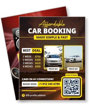 affordable car booking service promotion with pricing details and qr code template