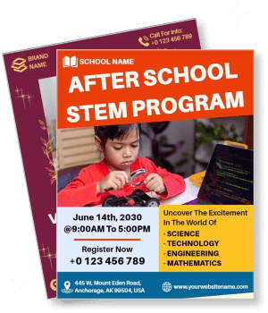 after school stem program flyer with young boy in red shirt assembling robot template