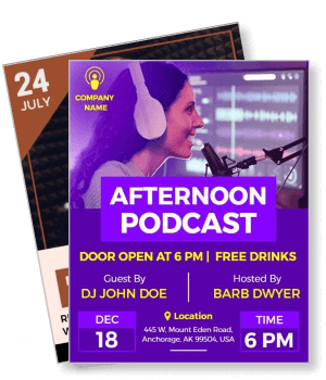 afternoon podcast event flyer with guest dj john doe and host barb dwyer template