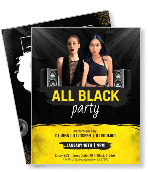 all black party flyer design with dj names and event details template