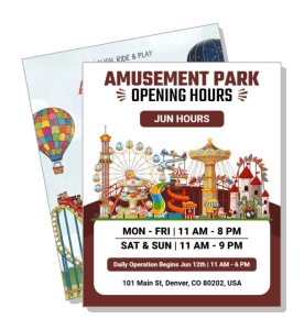 amusement park opening hours flyer june schedule colorful attractions template