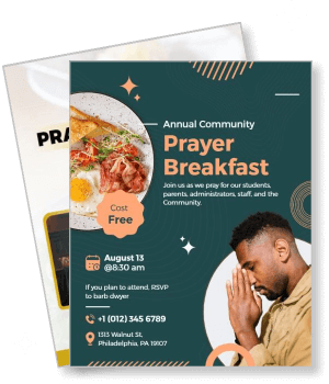 annual community prayer breakfast invitation design with contact details template