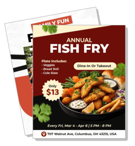 annual fish fry event poster dine in takeout special offer template