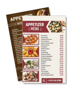 appetizer menu with prices and dish images on a flyer design template