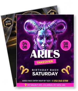 aries birthday bash party invitation with details and ram illustration template