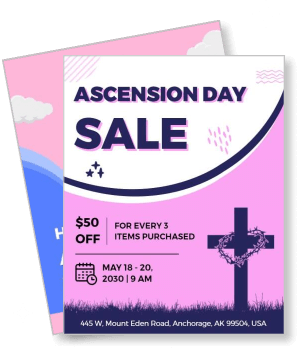 ascension day sale template with discount offer details and cross graphic