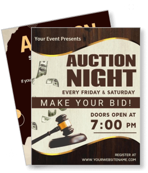 auction night event with gavel and money graphics template