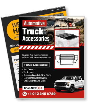 automotive truck accessories advertisement with accessory features and contact info template