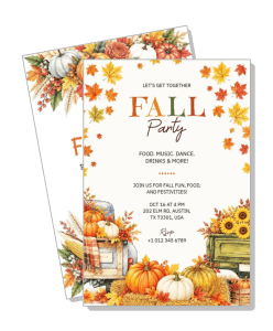 autumn themed fall party invitation with pumpkins and leaves design template
