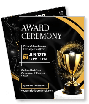 award ceremony invitation template with golden trophy and event details