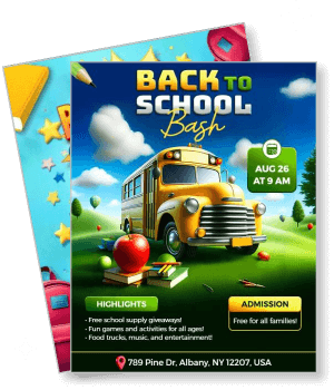 back to school bash event flyer with yellow school bus and highlights template