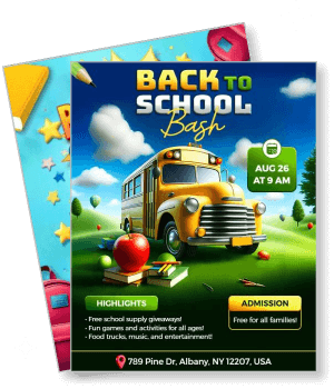 back to school bash event with yellow school bus and highlights template