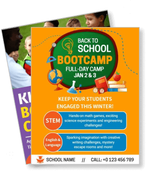 back to school bootcamp full day camp poster with kids and stem activities template