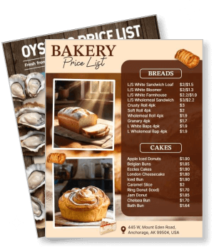 bakery price list menu with breads and cakes selection display template