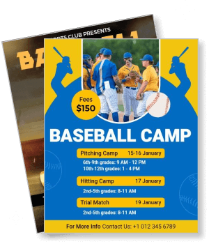 baseball camp poster with schedule and contact info template