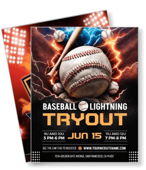 baseball lightning tryout event poster with date and location template