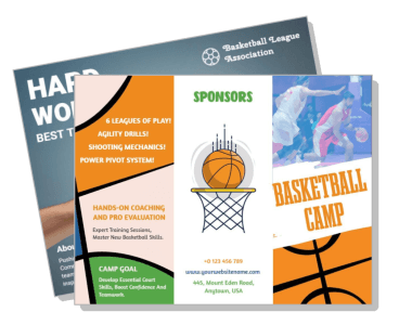 basketball camp brochure promotion design with graphics template