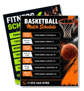 basketball match schedule flyer with date and contact information template