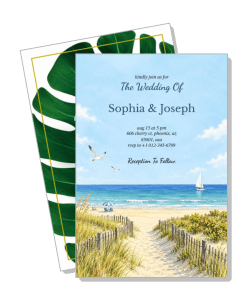 beach theme wedding invitation card design with seaside illustration template