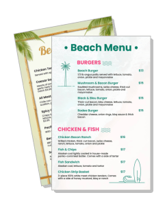 beach themed restaurant menu design with burgers and chicken options template