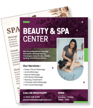 beauty and spa center services with contact info and service list template