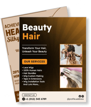 beauty hair services flyer with wig installation and hair bundles template