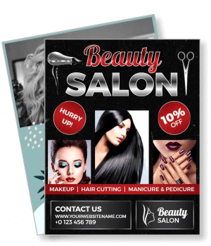 beauty salon promotional flyer with makeup haircut manicure special offer template