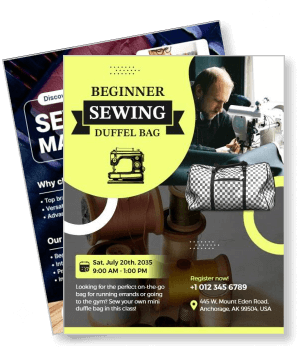 beginner sewing duffel bag workshop event with contact details template