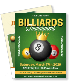 billiards tournament with cue ball king crown event details template