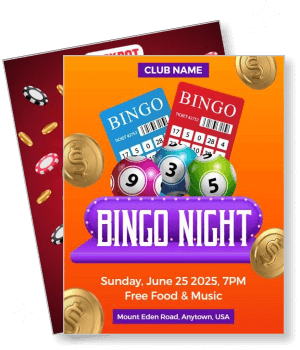 bingo night event poster with bingo cards and balls free food and music details template