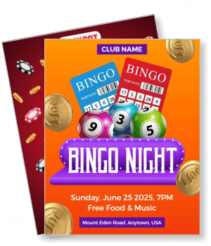 bingo night event with bingo cards and balls free food and music details template