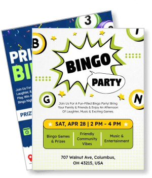 bingo party invitation flyer with event details and colorful design template