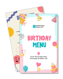 birthday party colorful menu design with cartoon decorations template