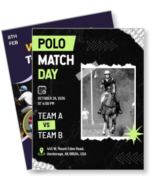 black and white polo match day with event details and location template