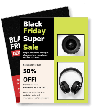 black friday super sale advertisement with camera lens and headphones template