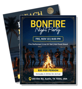 bonfire night party invitation with fire performer and dj at beach template