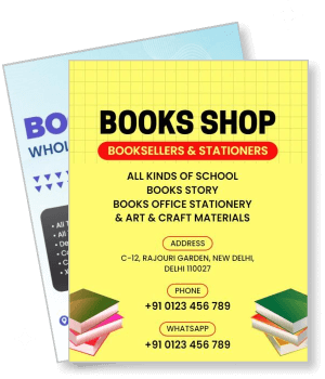 books shop advertisement yellow school supplies delhi contact info template