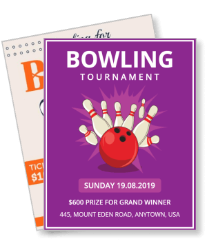 bowling tournament poster with date location and prize details template