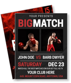 boxing match with fighter photos and match details on black background template